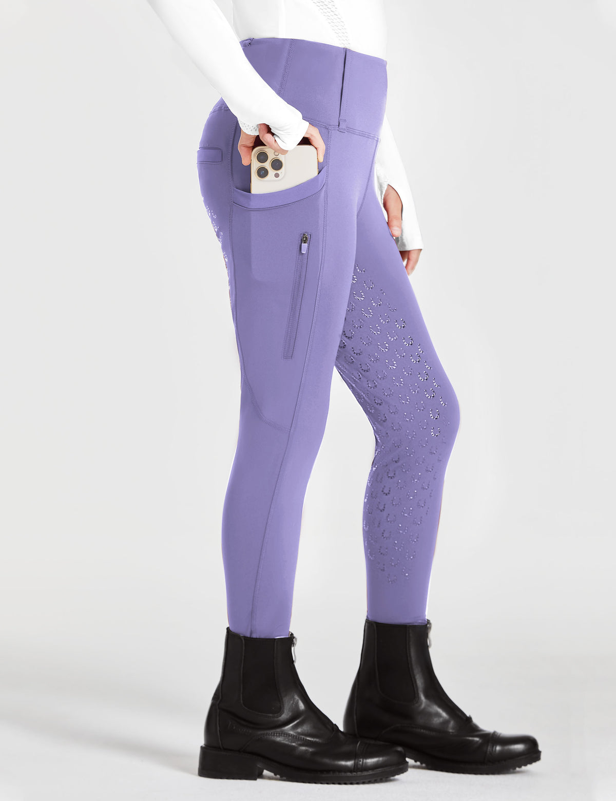 Reithose mit Vollbesatz für Mädchen, hohe Taille, Reißverschlusstaschen