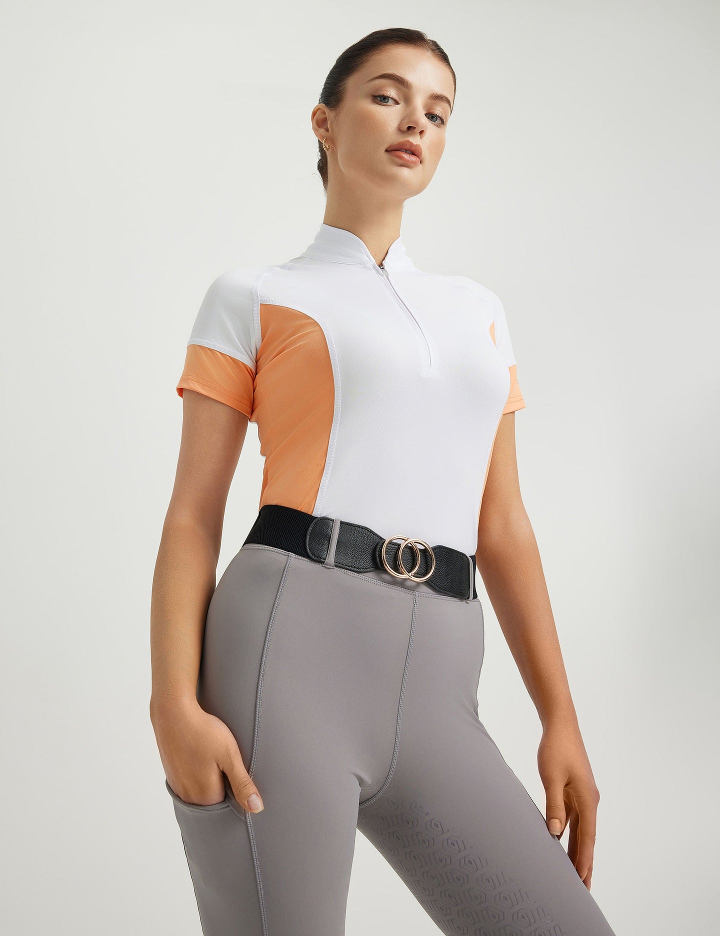 Women T-shirt Color-blocking Stand Collar