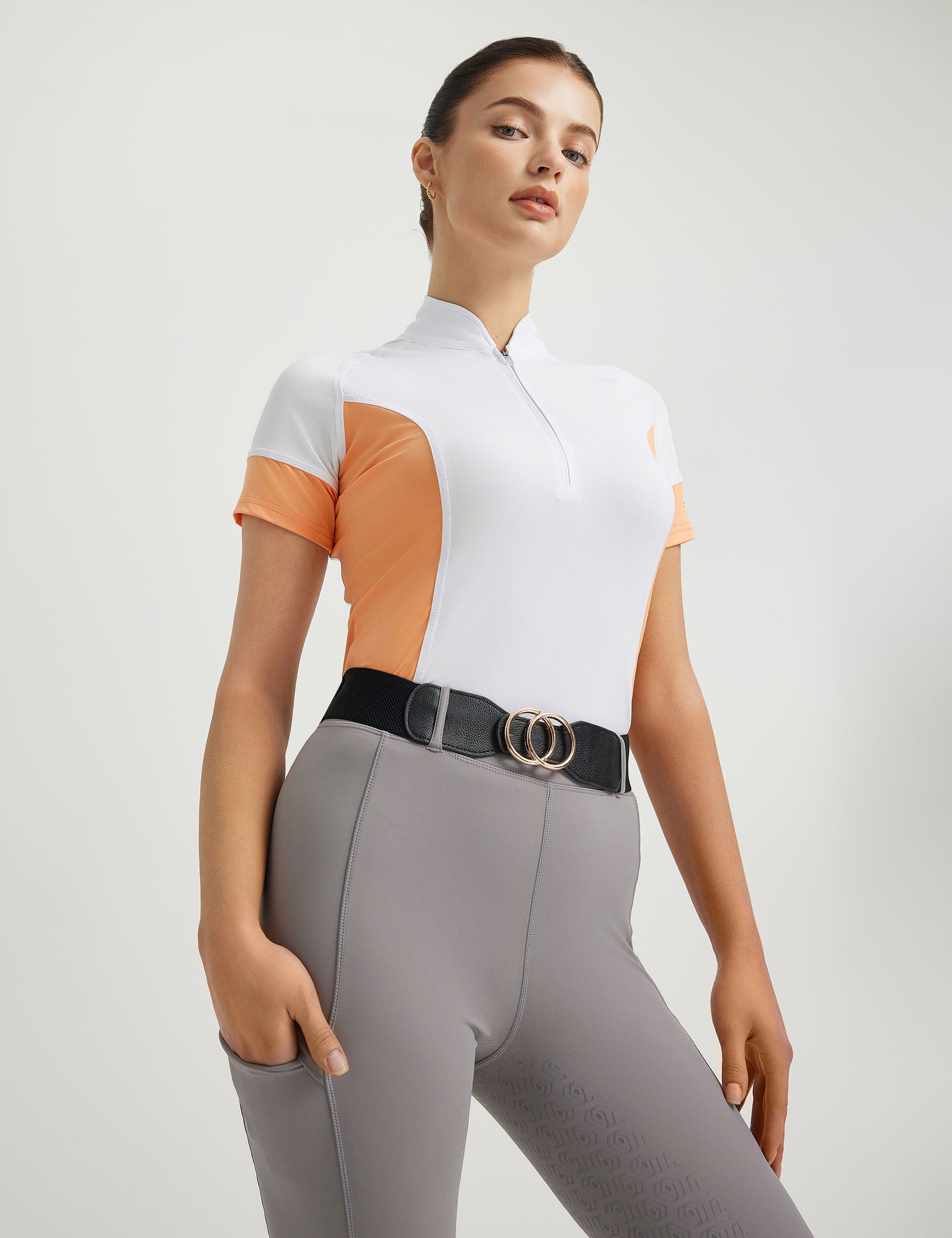 Women T-shirt Color-blocking Stand Collar